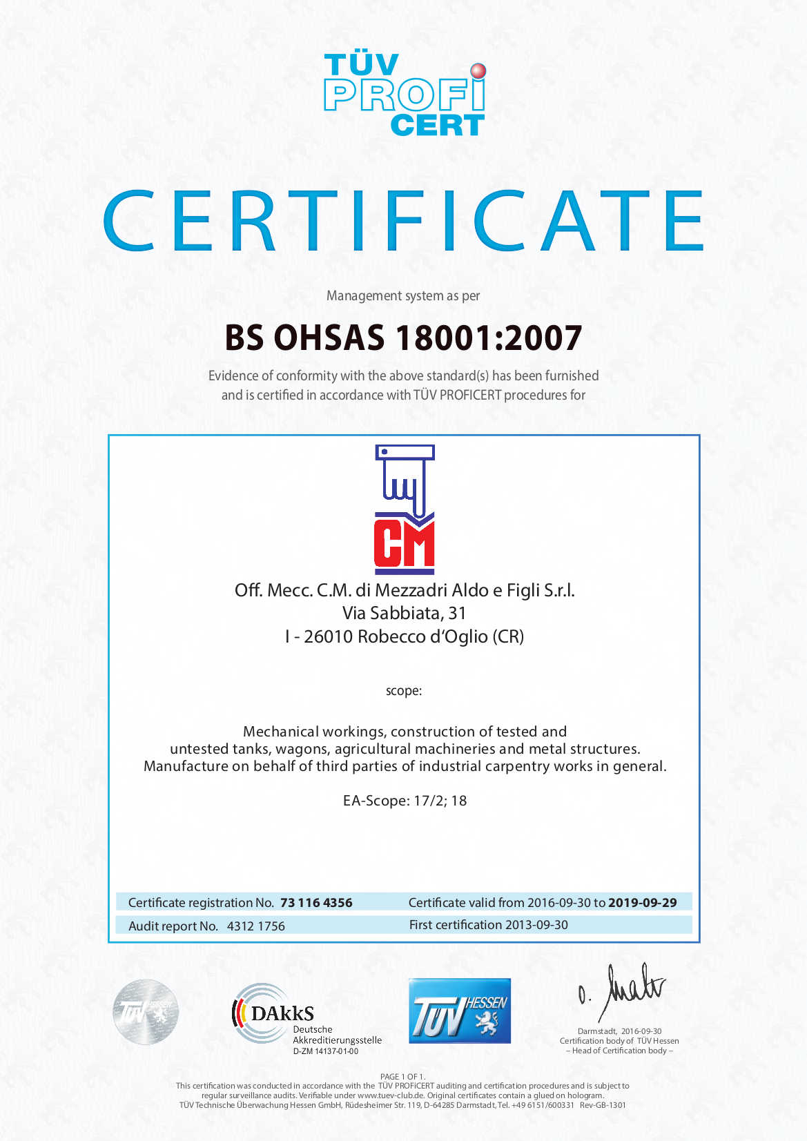 Certificato BS OHSAS 18001 C.M. Mezzadri - Pagina 1