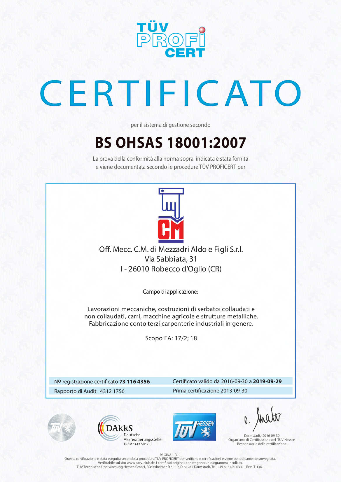 Certificato BS OHSAS 18001 C.M. Mezzadri - Pagina 2