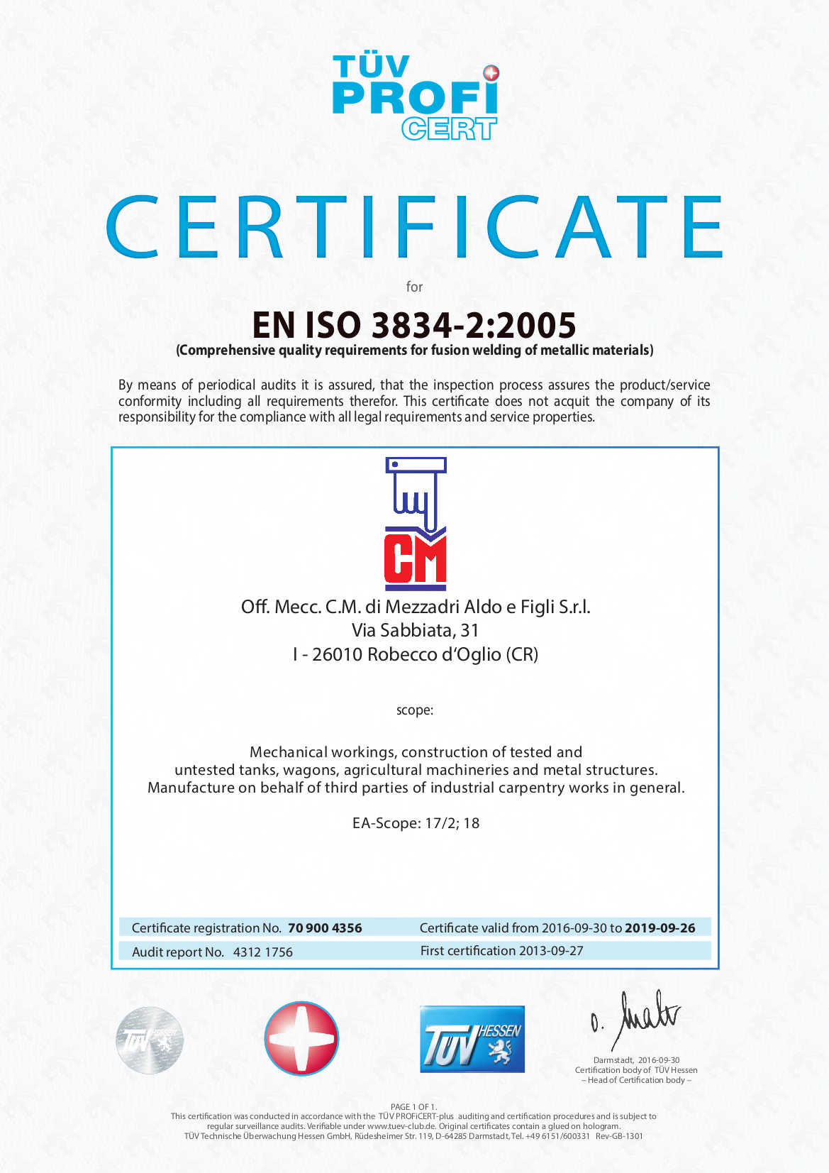 Certificato EN ISO 3834-2 C.M. Mezzadri - Pagina 1