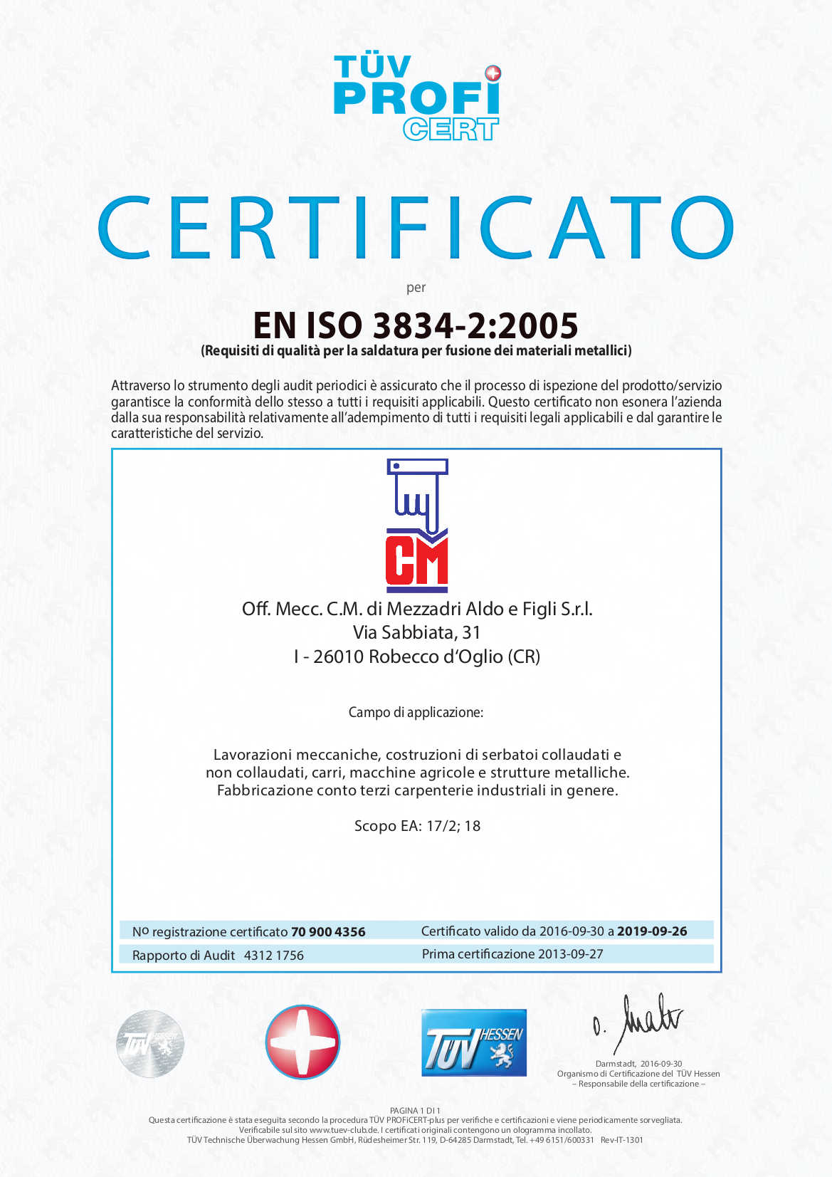 Certificato EN ISO 3834-2 C.M. Mezzadri - Pagina 2