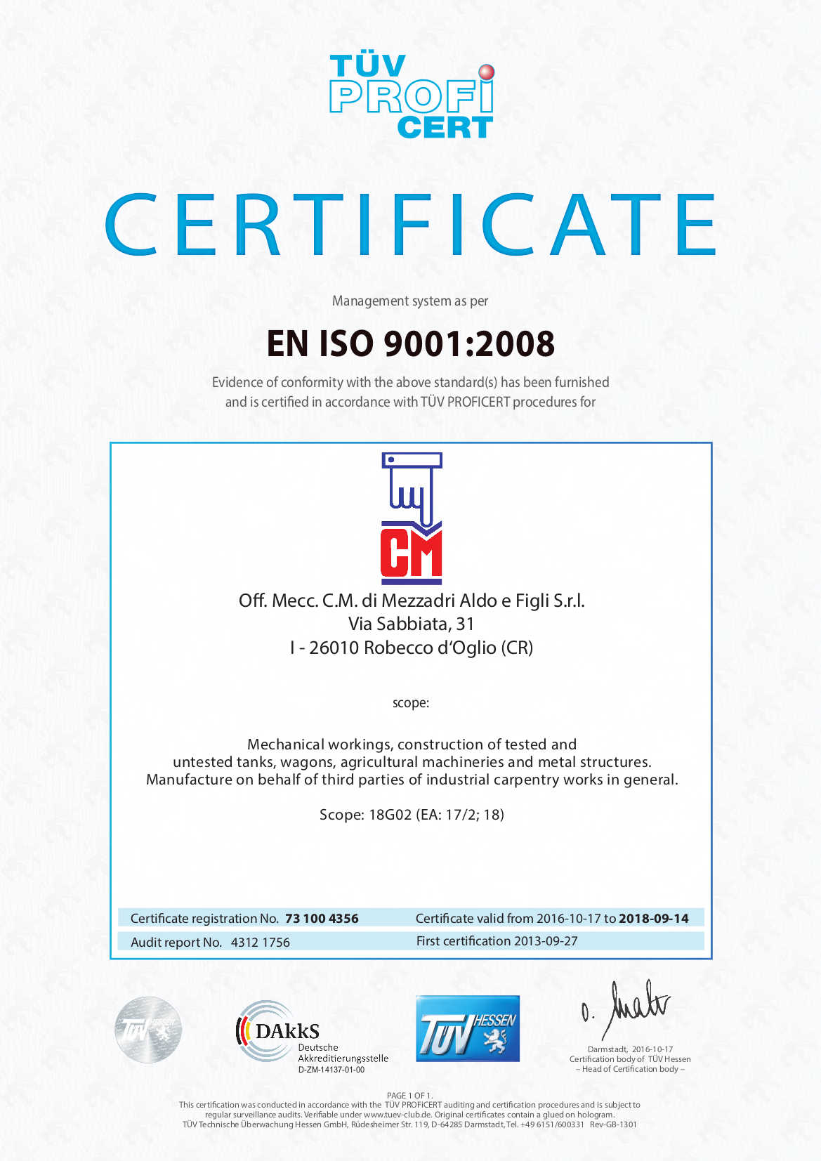 Certificato EN ISO 9001 C.M. Mezzadri - Pagina 1